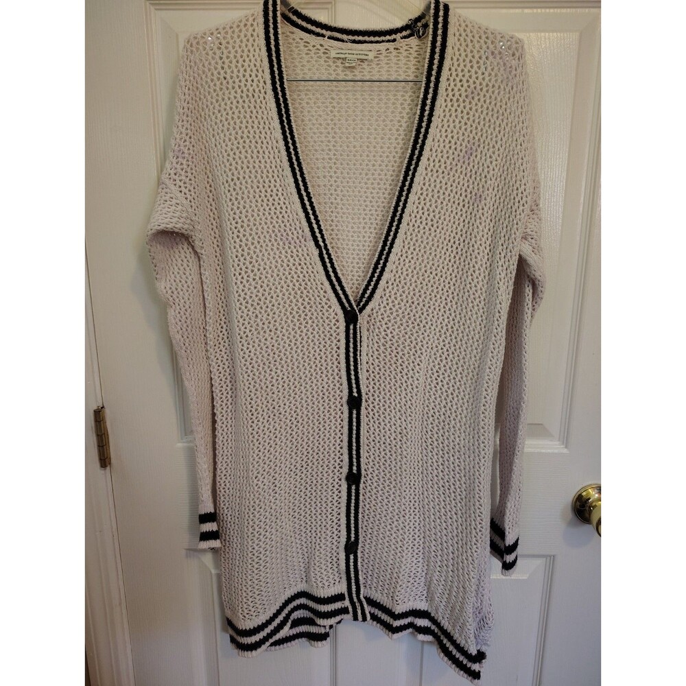 American Outfitters Striped Open-Knit Button Front V-Neck Cardigan XS
